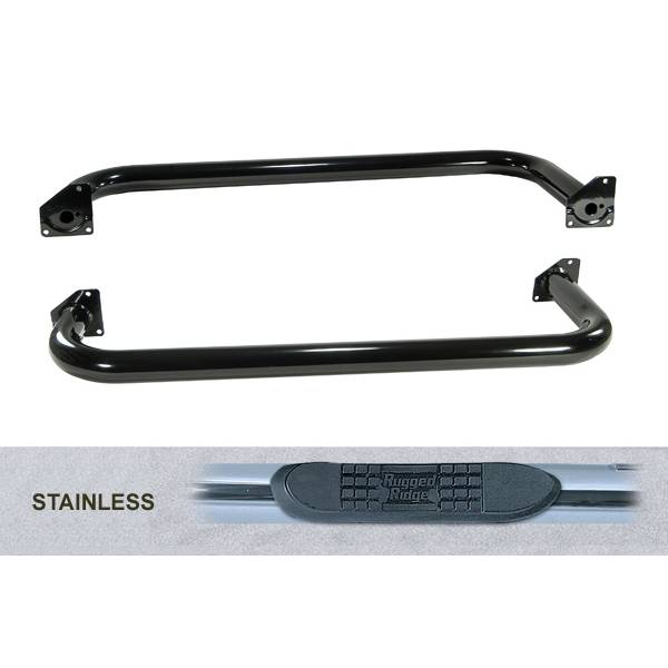 Rugged Ridge - Round Tube Side Steps, 3 Inch, Stainless Steel; 87-95 Jeep Wrangler YJ