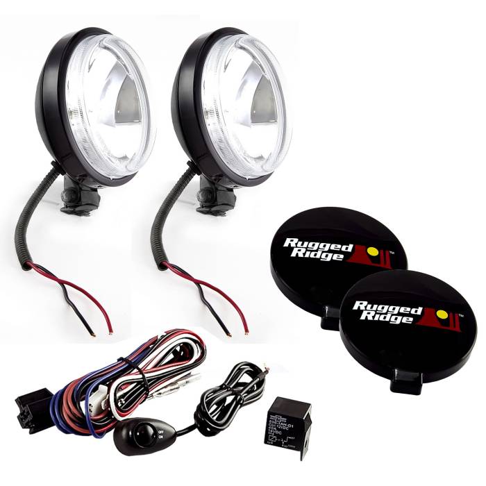 Rugged Ridge - 6 Inch Round Slim Halogen Light Kit, Black Steel Housings, Pair