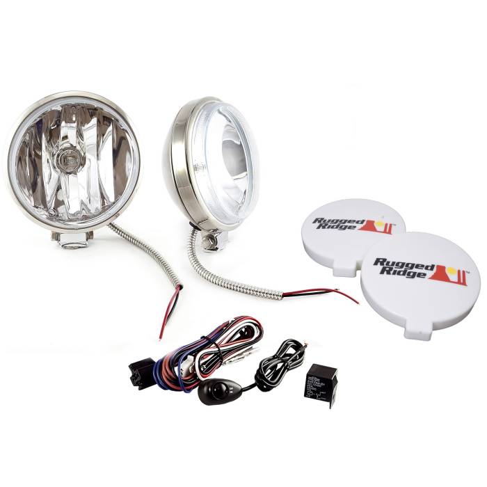 Rugged Ridge - 6 Inch Slim Halogen Fog Light Kit, Stainless Steel Housings, Pair