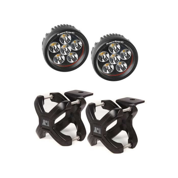Rugged Ridge - X-Clamp and Round LED Light Kit, Large, Black, 2 Pieces