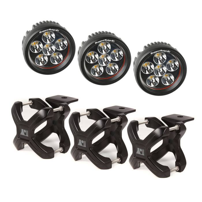 Rugged Ridge - X-Clamp and Round LED Light Kit, Large, Black, 3 Pieces